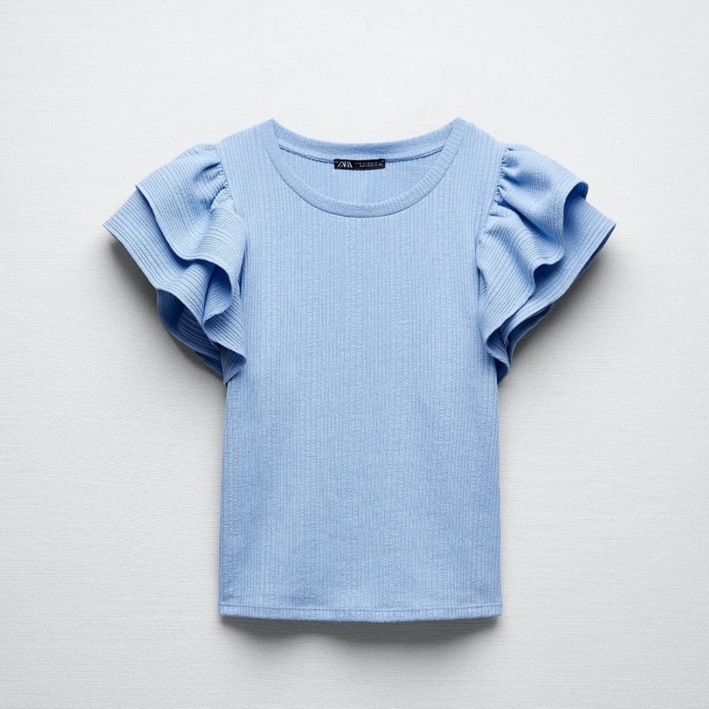 Zara Blue Short Sleeve Ruffle Top - Size M